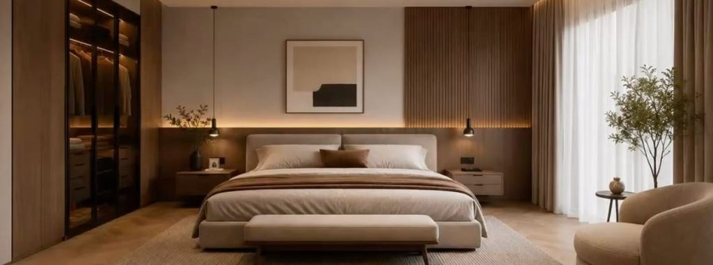Интериор на родителска спалня: Съвети за Master Bedroom | Studio Petyo Denev 2 Модерен интериор на родителска спалня с ламелна дървена ламперия, скрито осветление и стъклен дрешник